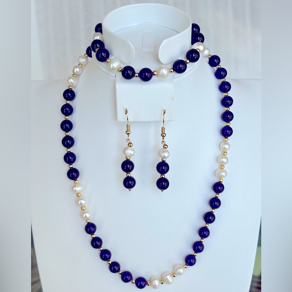 8mm White Freshwater Pearl & Purple Amethyst Bead Necklace Bracelet Earrings